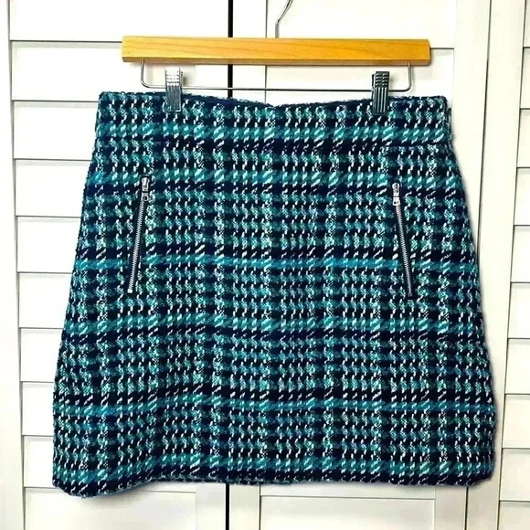 LOFT Wool Blend Tweed Zipper Mini Skirt Size 8 Navy, Teal & White - Picture 1 of 8